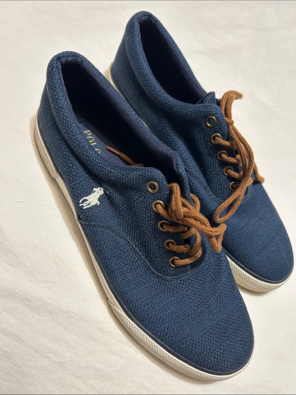 Polo by Ralph Lauren Men’s Navy Canvas Sneakers with Brown Laces and White Sole